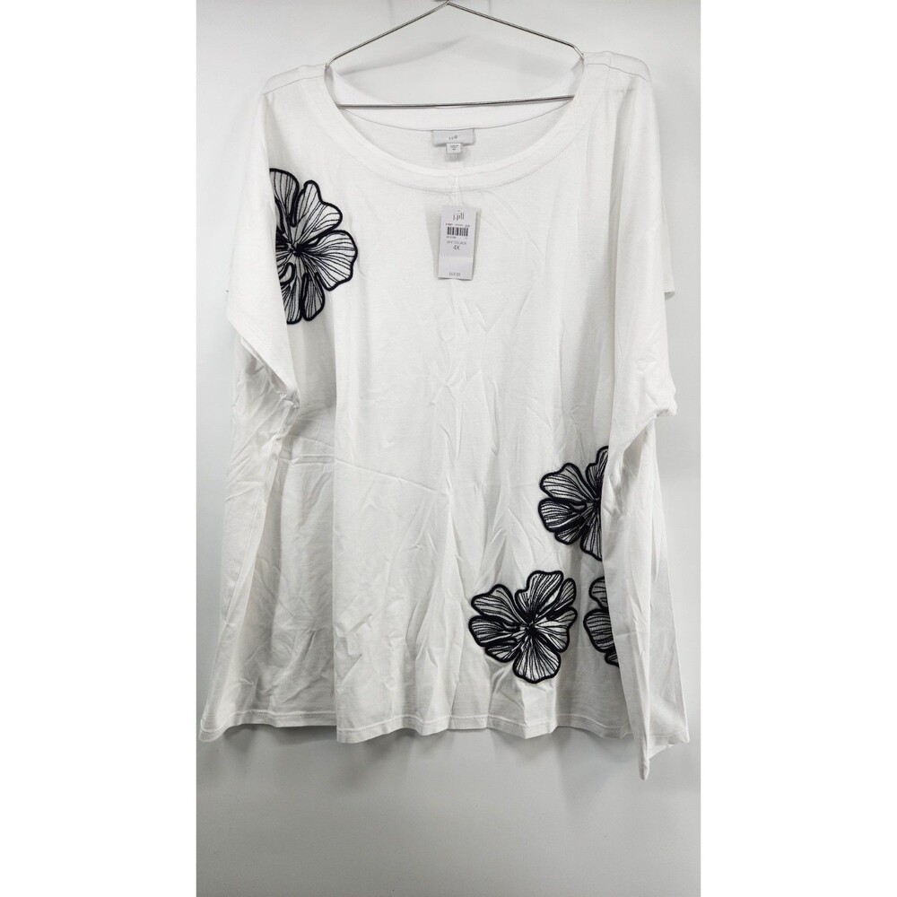 J.Jill Women's 4X White Black Embroidered Floral Top Shirt Cotton Blend NWT